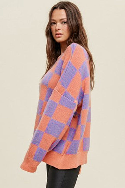 Relaxed Fit Checkerboard Pattern Crew Neck Sweater