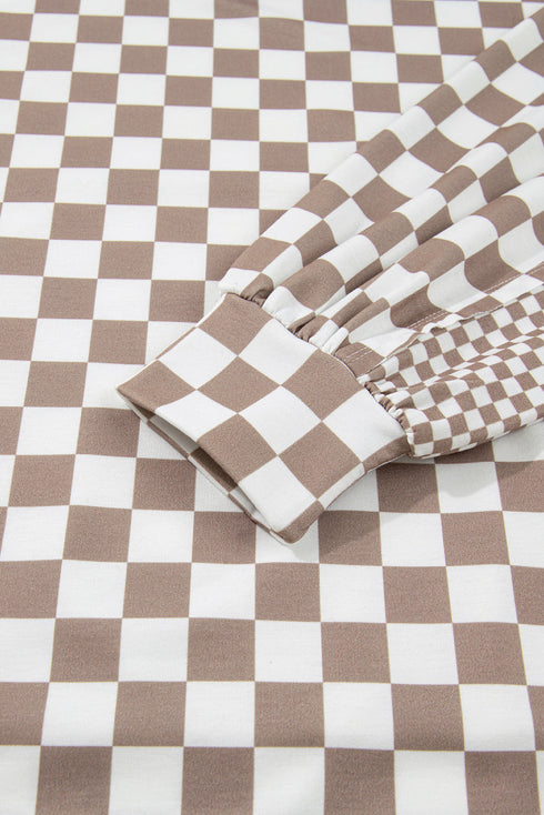 Relaxed Fit Checkerboard Print Lantern Sleeve Hoodie