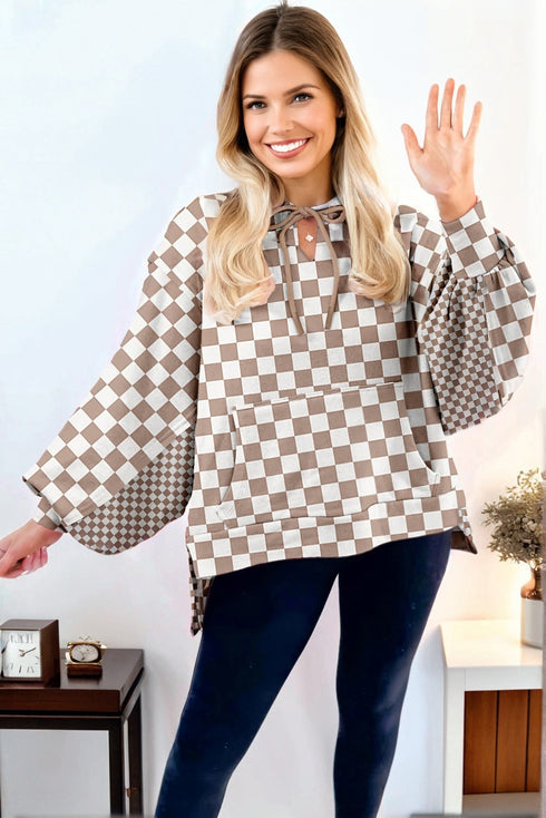 Relaxed Fit Checkerboard Print Lantern Sleeve Hoodie