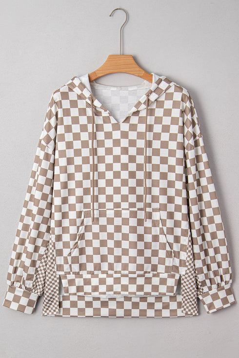 Relaxed Fit Checkerboard Print Lantern Sleeve Hoodie