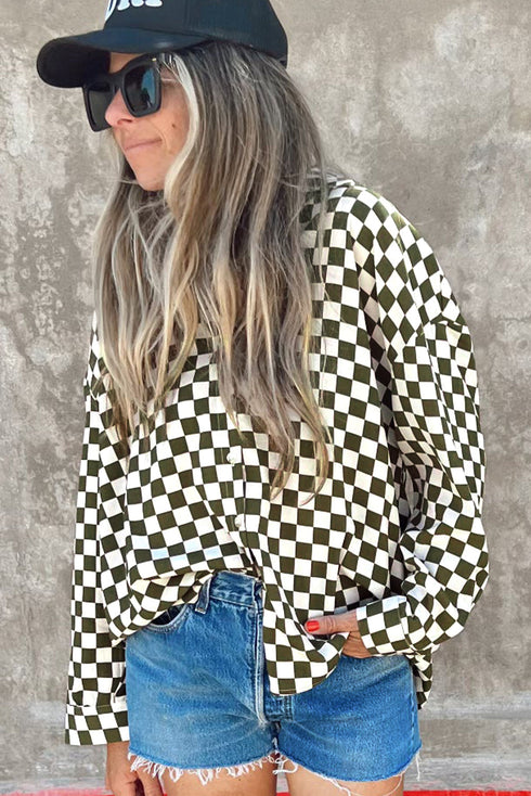 Relaxed Fit Checkered Pattern Woven Button Down Shirt