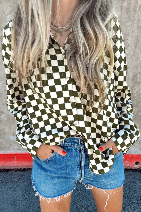 Relaxed Fit Checkered Pattern Woven Button Down Shirt