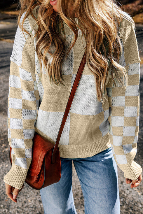 Relaxed Fit Checkered Print Crew Neck Knit Sweater
