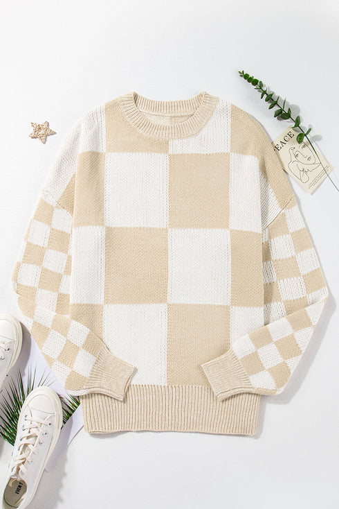 Relaxed Fit Checkered Print Crew Neck Knit Sweater
