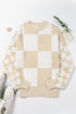 Relaxed Fit Checkered Print Crew Neck Knit Sweater