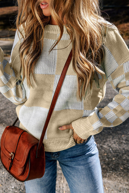 Relaxed Fit Checkered Print Crew Neck Knit Sweater