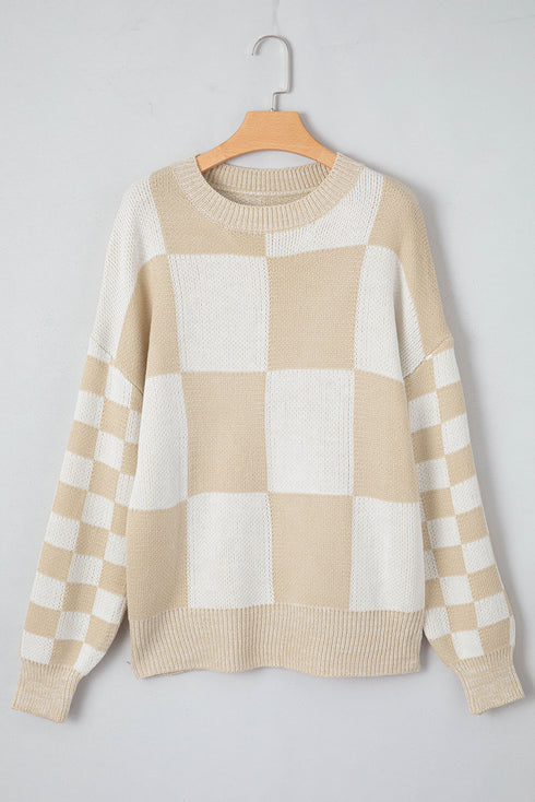 Relaxed Fit Checkered Print Crew Neck Knit Sweater