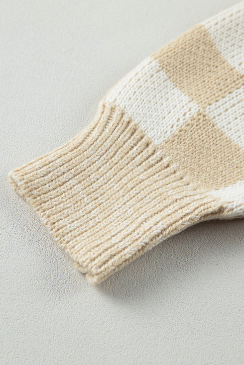 Relaxed Fit Checkered Print Crew Neck Knit Sweater
