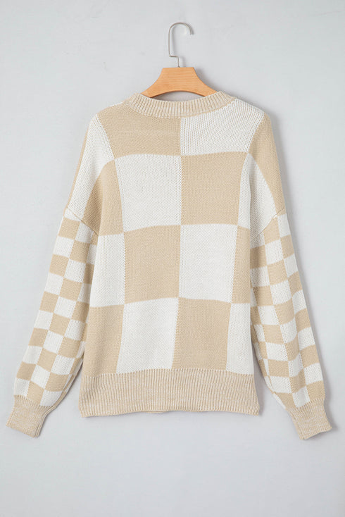 Relaxed Fit Checkered Print Crew Neck Knit Sweater