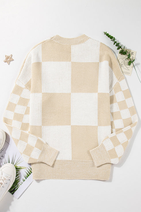 Relaxed Fit Checkered Print Crew Neck Knit Sweater