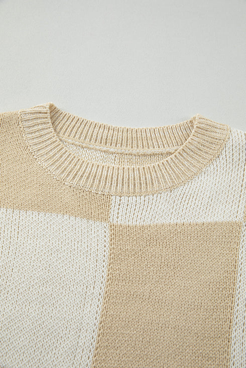 Relaxed Fit Checkered Print Crew Neck Knit Sweater