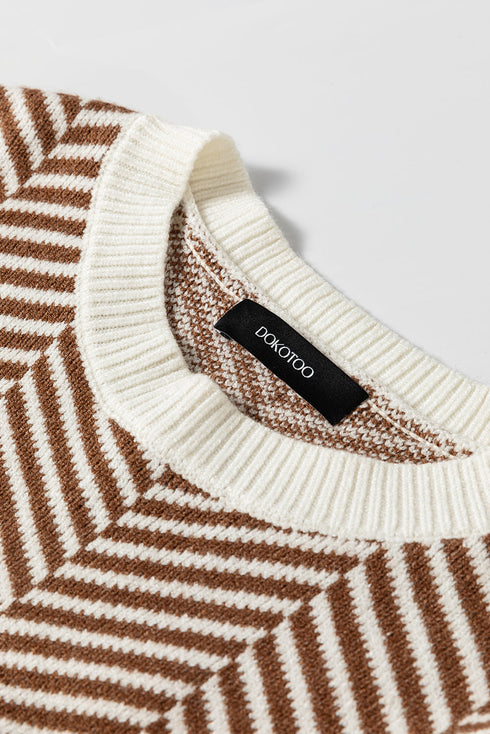 Relaxed Fit Chevron Pattern Crew Neck Sweater