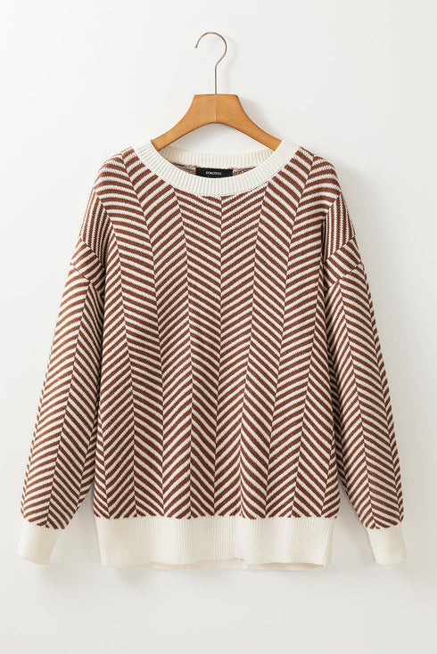 Relaxed Fit Chevron Pattern Crew Neck Sweater