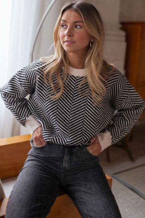 Relaxed Fit Chevron Pattern Crew Neck Sweater