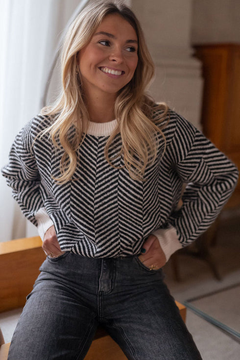 Relaxed Fit Chevron Pattern Crew Neck Sweater