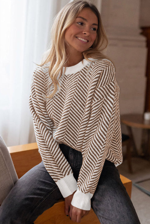 Relaxed Fit Chevron Pattern Crew Neck Sweater