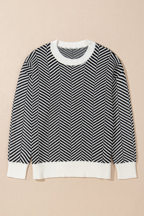 Relaxed Fit Chevron Pattern Crew Neck Sweater