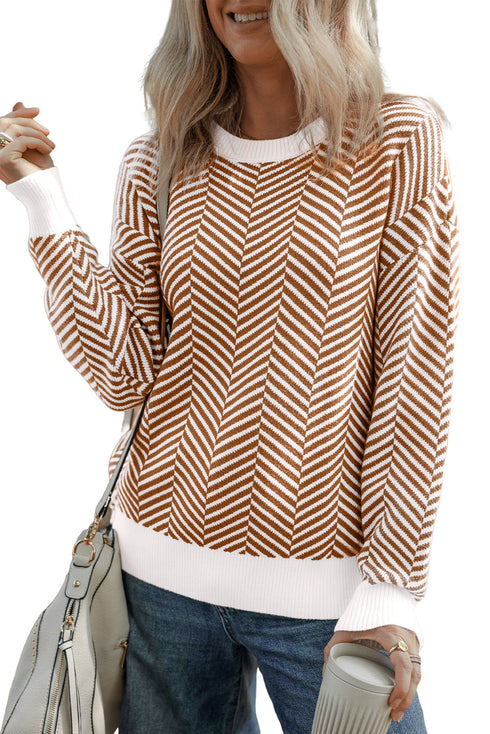 Relaxed Fit Chevron Pattern Crew Neck Sweater