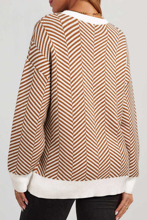 Relaxed Fit Chevron Pattern Crew Neck Sweater