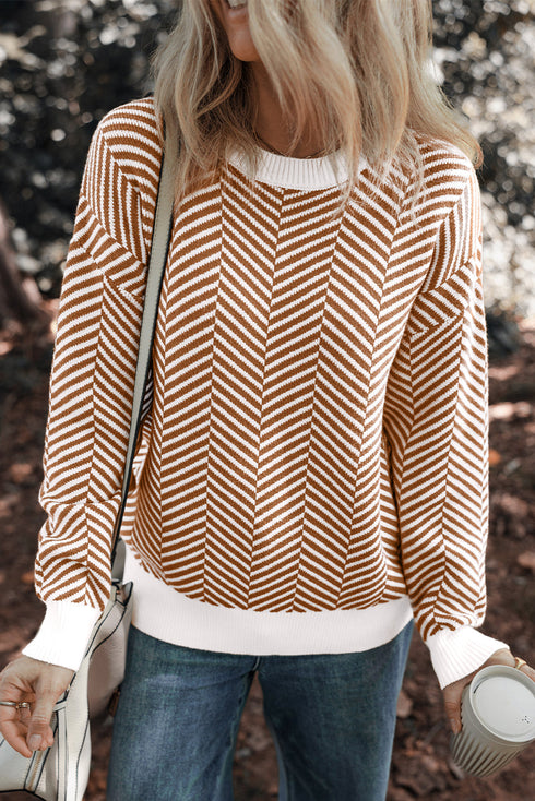 Relaxed Fit Chevron Pattern Crew Neck Sweater