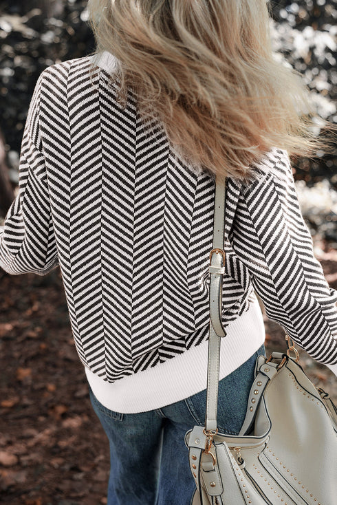 Relaxed Fit Chevron Pattern Crew Neck Sweater