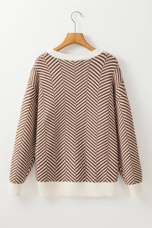 Relaxed Fit Chevron Pattern Crew Neck Sweater