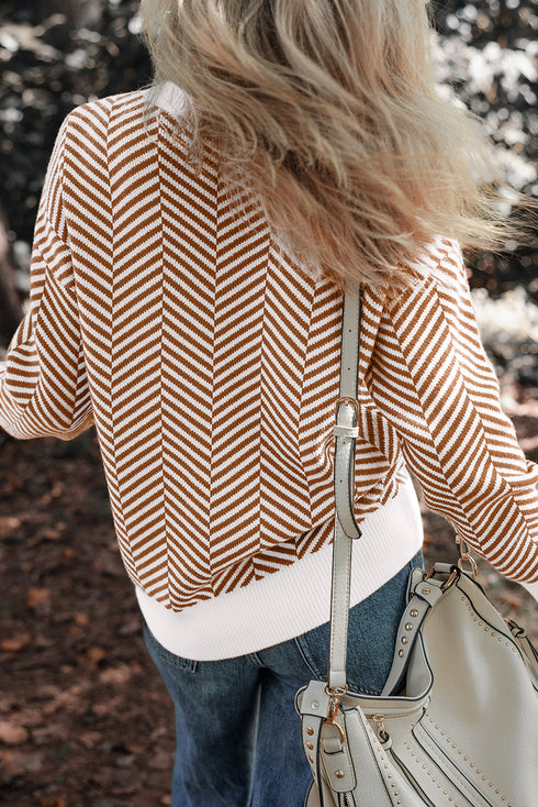 Relaxed Fit Chevron Pattern Crew Neck Sweater