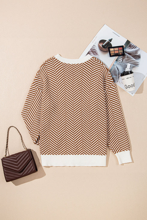 Relaxed Fit Chevron Pattern Crew Neck Sweater