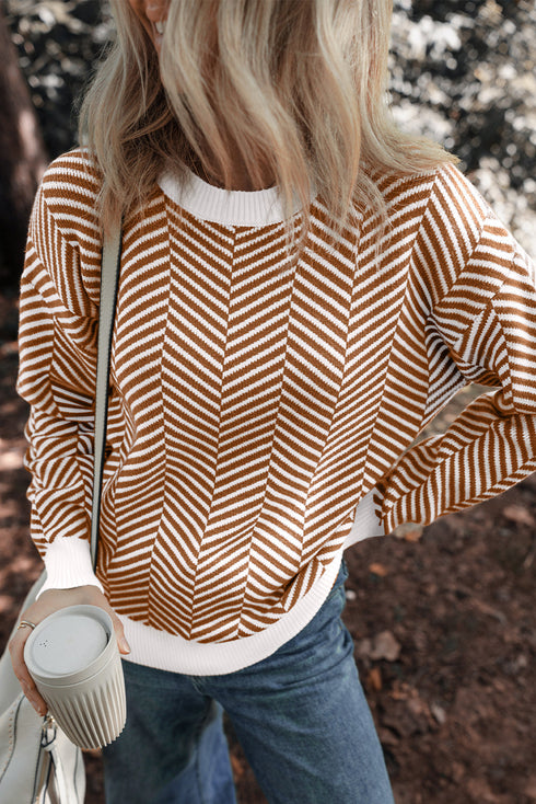 Relaxed Fit Chevron Pattern Crew Neck Sweater