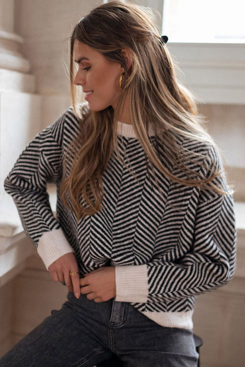 Relaxed Fit Chevron Pattern Crew Neck Sweater