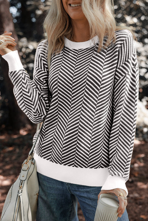 Relaxed Fit Chevron Pattern Crew Neck Sweater