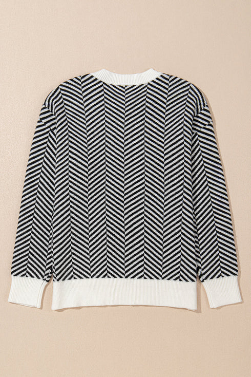 Relaxed Fit Chevron Pattern Crew Neck Sweater
