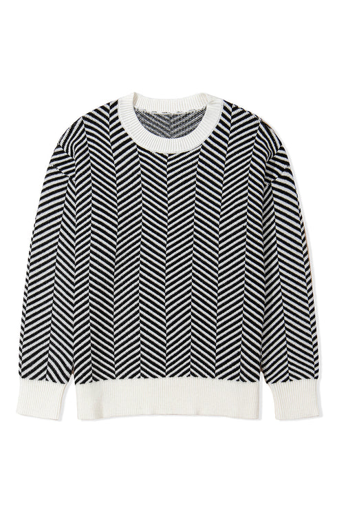 Relaxed Fit Chevron Pattern Crew Neck Sweater