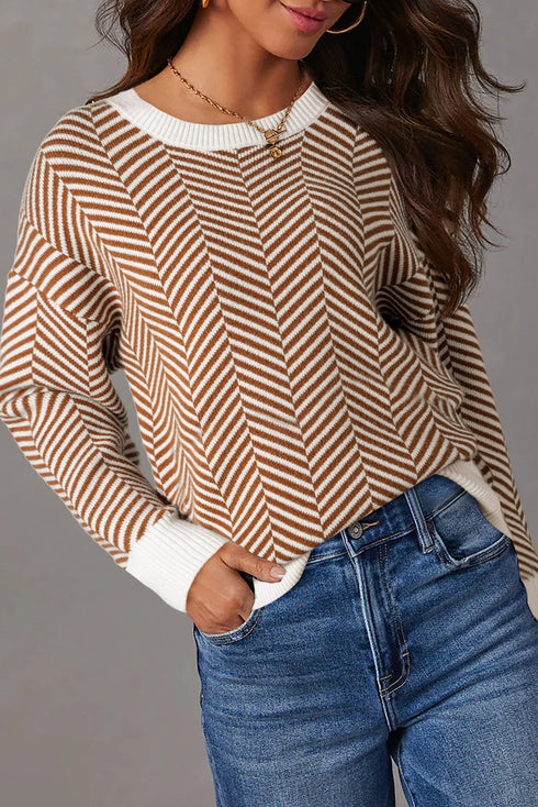 Relaxed Fit Chevron Pattern Crew Neck Sweater