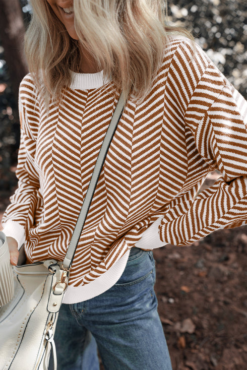 Relaxed Fit Chevron Pattern Crew Neck Sweater