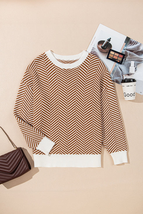 Relaxed Fit Chevron Pattern Crew Neck Sweater