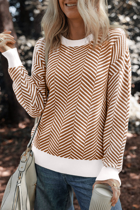 Relaxed Fit Chevron Pattern Crew Neck Sweater