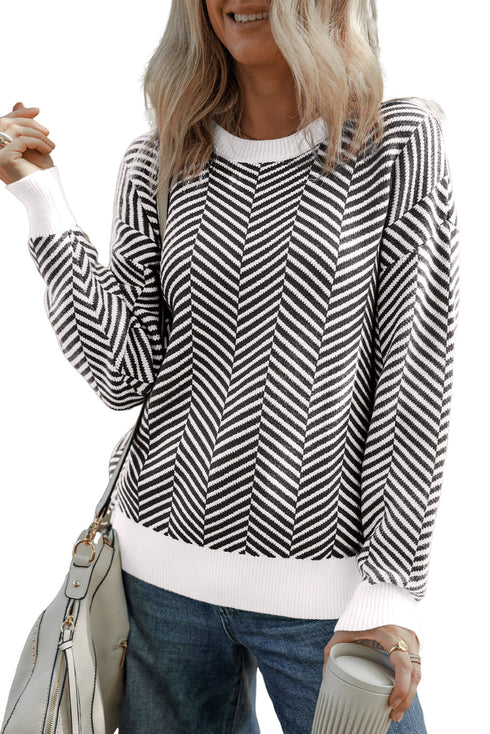 Relaxed Fit Chevron Pattern Crew Neck Sweater