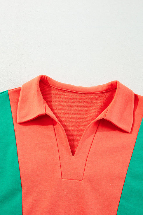 Relaxed Fit Collared V Neck Statement Panel Pullover