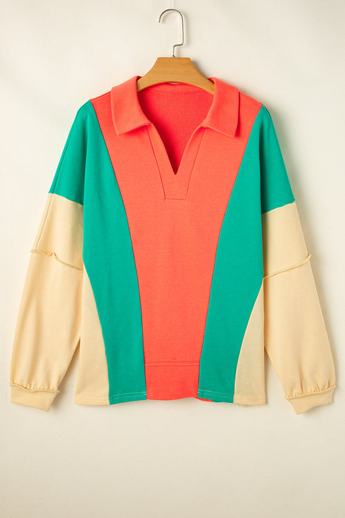 Relaxed Fit Collared V Neck Statement Panel Pullover