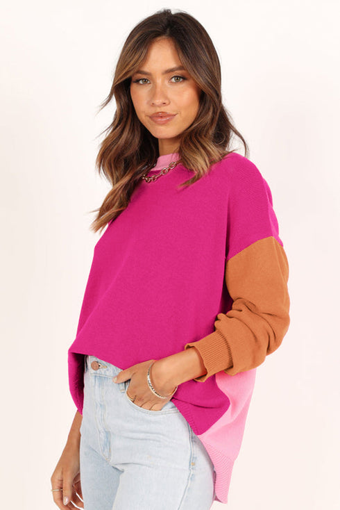 Relaxed Fit Color Block Crew Neck Sweater