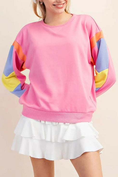 Relaxed Fit Colorblock French Terry Crew Neck Top