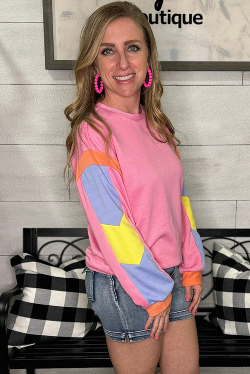 Relaxed Fit Colorblock French Terry Crew Neck Top