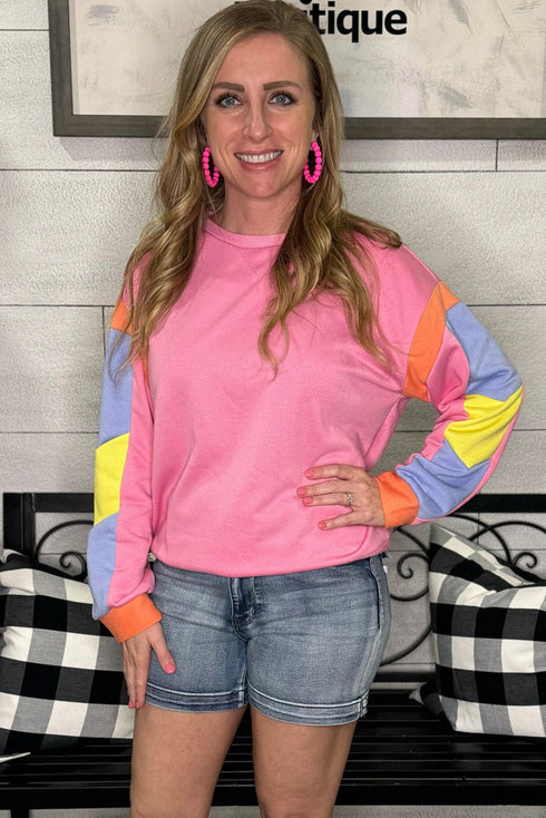 Relaxed Fit Colorblock French Terry Crew Neck Top