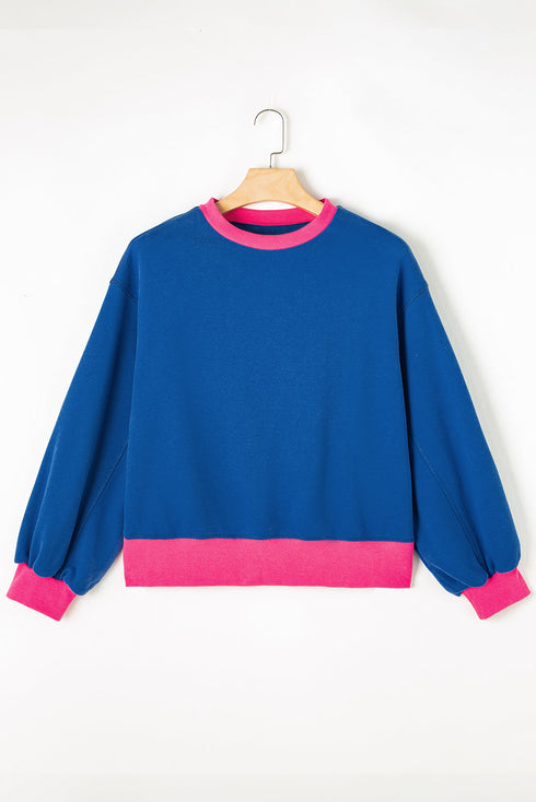 Relaxed Fit Contrast Ribbed Trim Pullover Sweatshirt