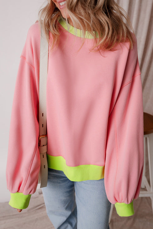 Relaxed Fit Contrast Ribbed Trim Pullover Sweatshirt