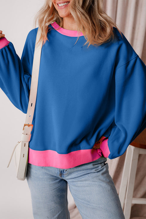 Relaxed Fit Contrast Ribbed Trim Pullover Sweatshirt