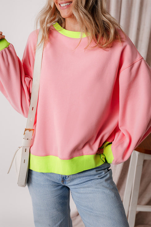 Relaxed Fit Contrast Ribbed Trim Pullover Sweatshirt