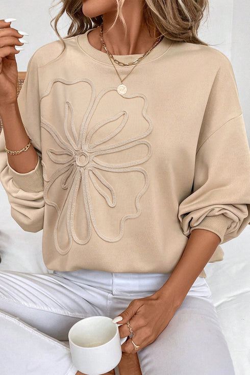 Relaxed Fit Corded Floral Detail Crew Neck Pullover