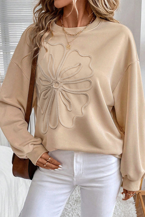 Relaxed Fit Corded Floral Detail Crew Neck Pullover